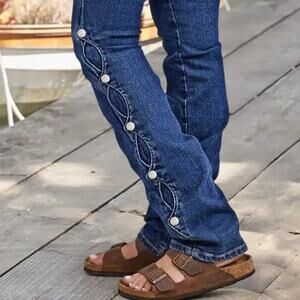 Flamingals Button Side Bootcut Jeans L Dark Wash Modern Chic Denim
